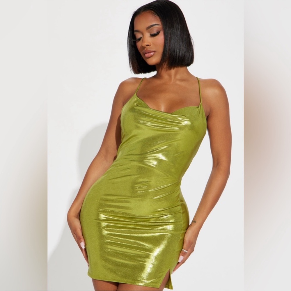 Fashion Nova Sasha Metallic Slinky Mini Dress -Chartreuse - NWT